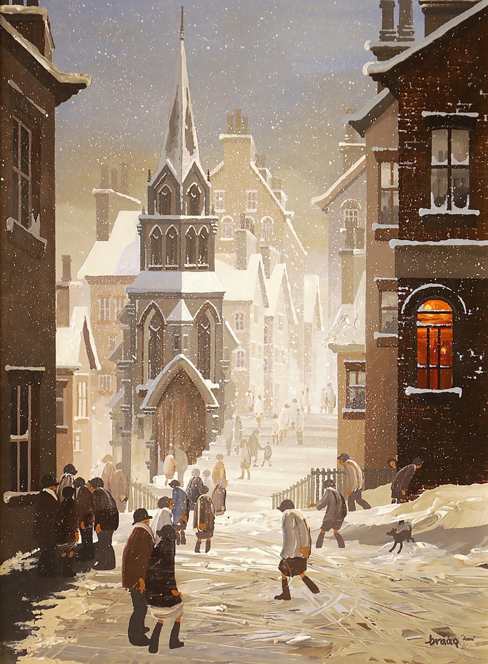 A framed oil painting on canvas depicting a snowy northern townscape with figures walking along a street lined with buildings leading towards a tall church spire. View II