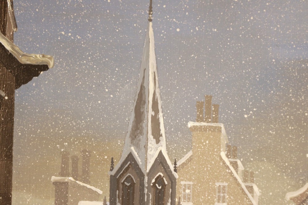 A framed oil painting on canvas depicting a snowy northern townscape with figures walking along a street lined with buildings leading towards a tall church spire. View IV