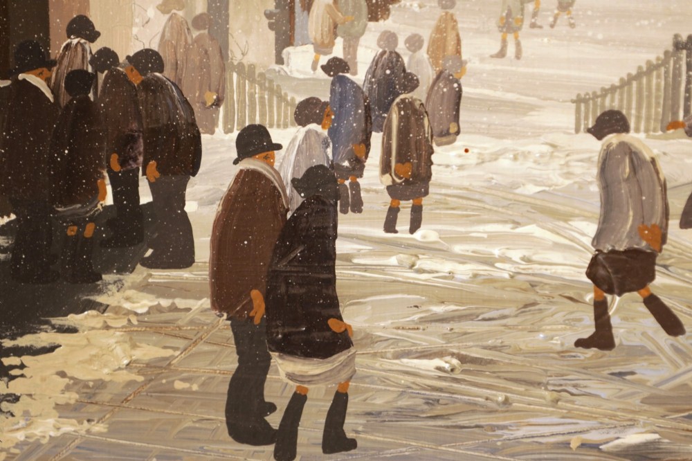 A framed oil painting on canvas depicting a snowy northern townscape with figures walking along a street lined with buildings leading towards a tall church spire. View V