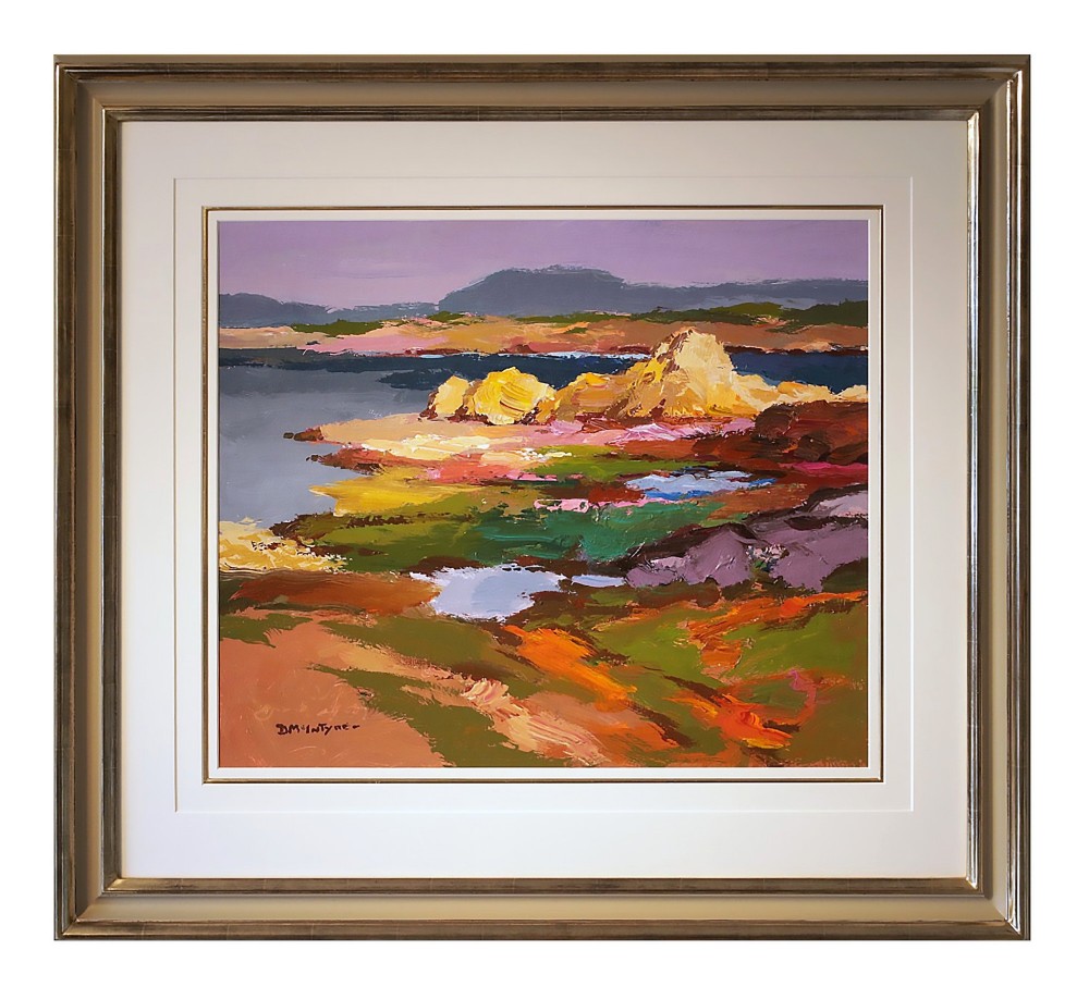 A framed impasto oil painting on canvas depicting a colourful coastal landscape, signed by Donald McIntyre in the lower left corner.