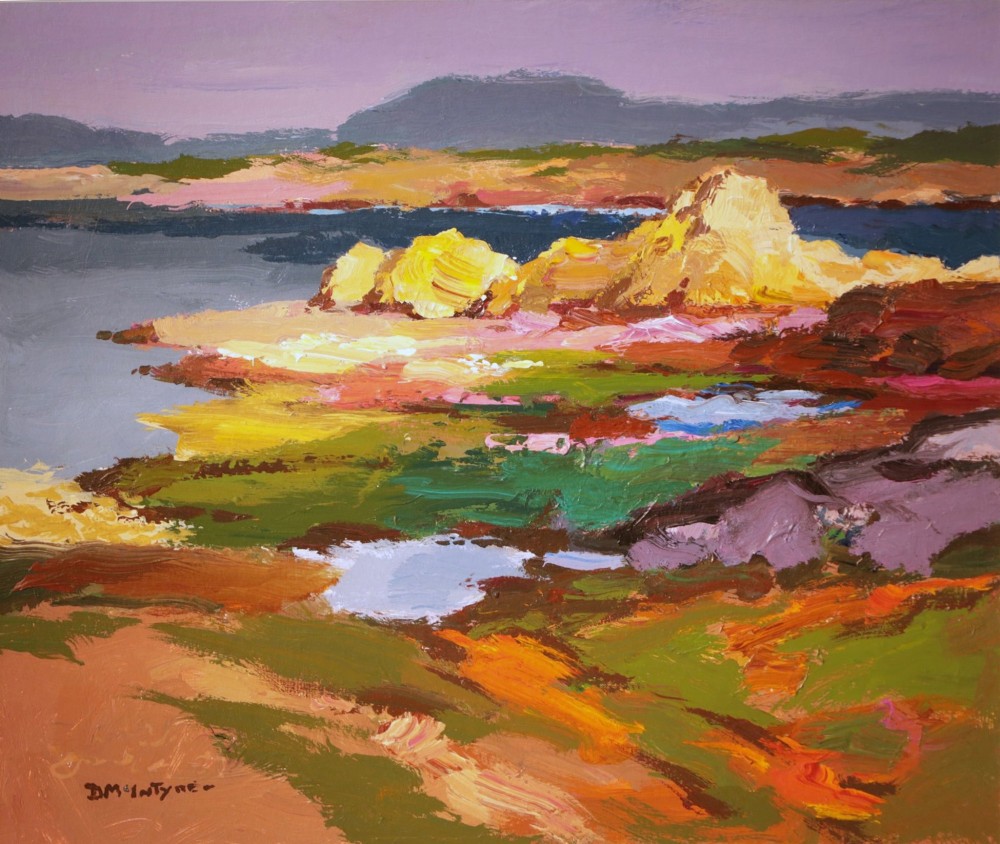 A framed impasto oil painting on canvas depicting a colourful coastal landscape, signed by Donald McIntyre in the lower left corner. View II