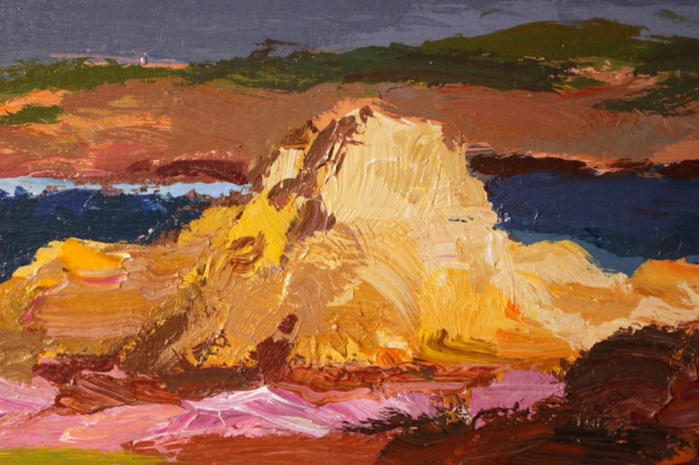 A framed impasto oil painting on canvas depicting a colourful coastal landscape, signed by Donald McIntyre in the lower left corner. View IV