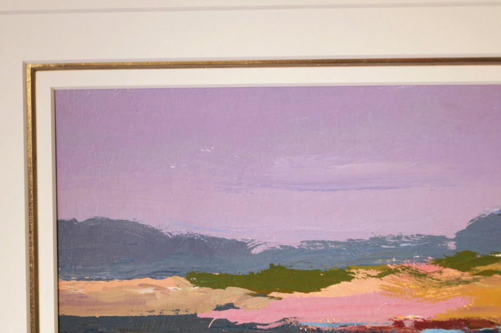 A framed impasto oil painting on canvas depicting a colourful coastal landscape, signed by Donald McIntyre in the lower left corner. View V