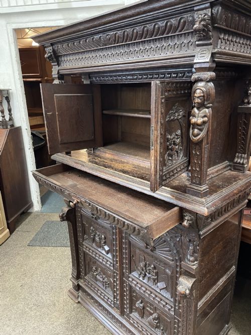 GOOD VICTORIAN CARVED OAK CABINET WITH TAVERN SCENES - ADDITIONAL PHOTO 8