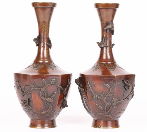 Oriental Pair Bronze Vases Applied with Birds