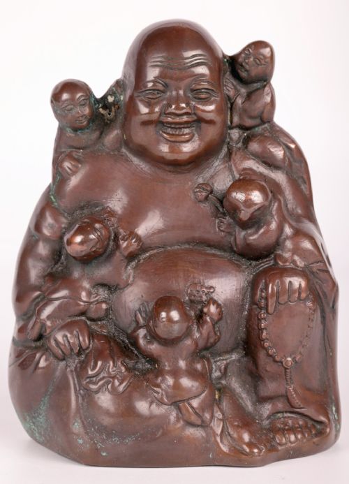 CHINESE BRONZED SEATED BUDDHA WITH BOYS