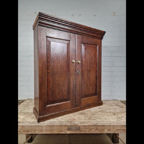 A late 18th-century Georgian oak wall cabinet featuring twin fielded panel doors, brass knobs, an escutcheon, and a moulded top cornice. View IV