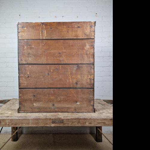 A late 18th-century Georgian oak wall cabinet featuring twin fielded panel doors, brass knobs, an escutcheon, and a moulded top cornice. View V