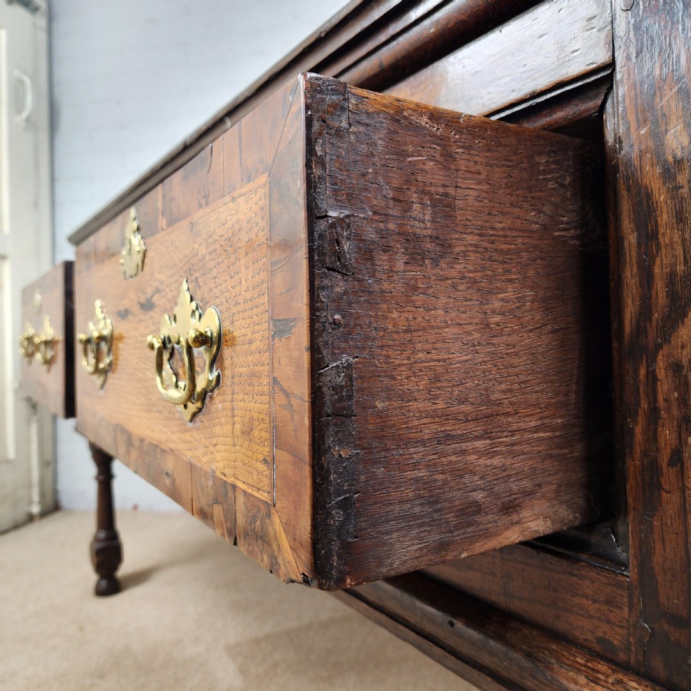 Oak and Walnut Dresser Base with Deep Drawers & Brass Fittings. 18th Century. View VI