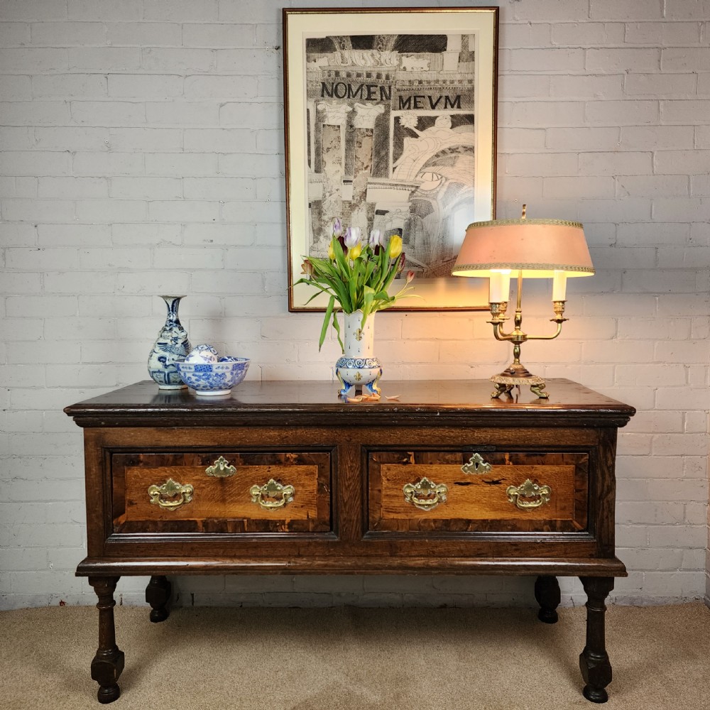 Oak and Walnut Dresser Base with Deep Drawers & Brass Fittings. 18th Century.