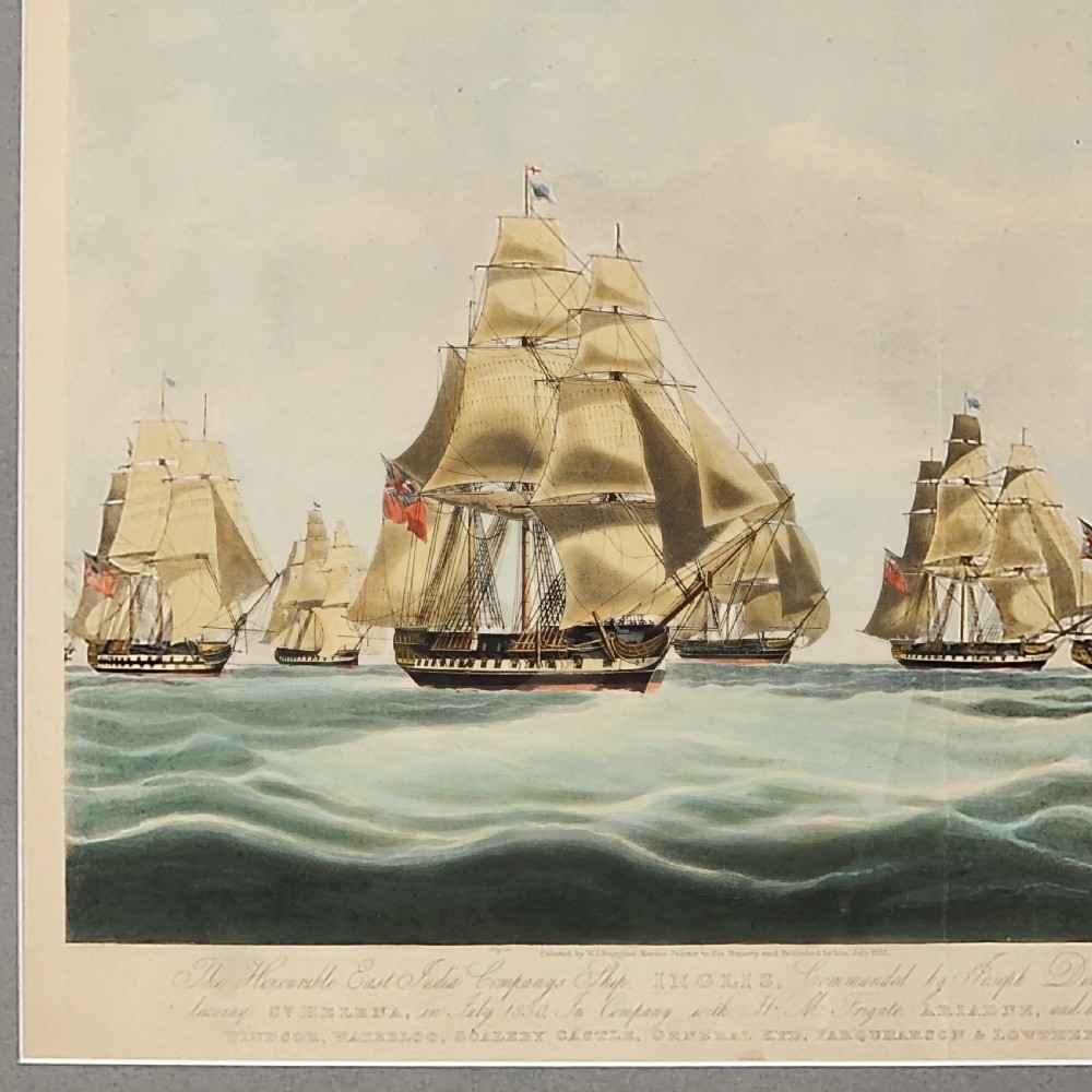 Framed Antique Aquatint East India Company Ship Inglis 19th C After W J Huggins View III