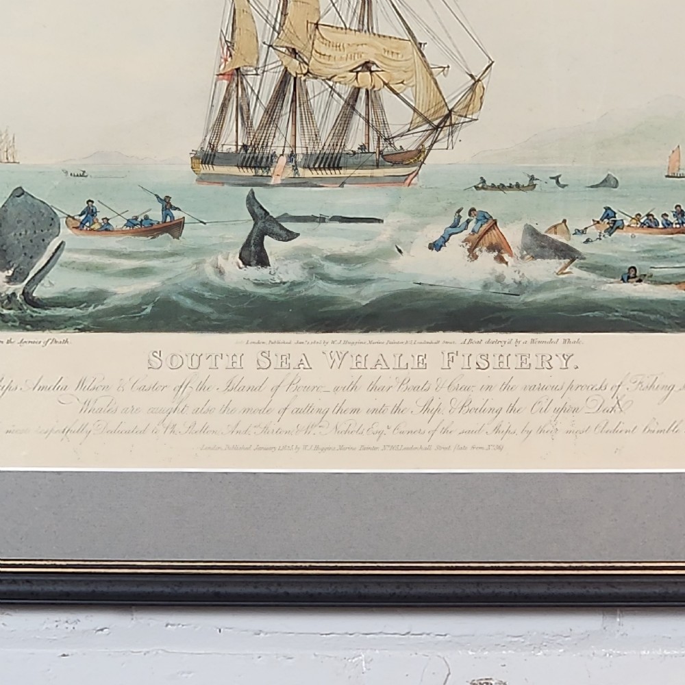 A framed nineteenth-century aquatint print depicting whaling ships and longboats in an oceanic scene, presented within a grey mount and black frame with gilt accents. View III