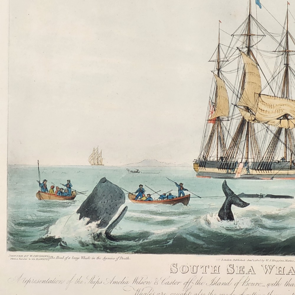A framed nineteenth-century aquatint print depicting whaling ships and longboats in an oceanic scene, presented within a grey mount and black frame with gilt accents. View V