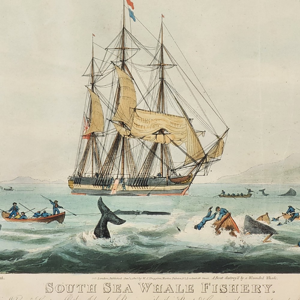 A framed nineteenth-century aquatint print depicting whaling ships and longboats in an oceanic scene, presented within a grey mount and black frame with gilt accents. View VI