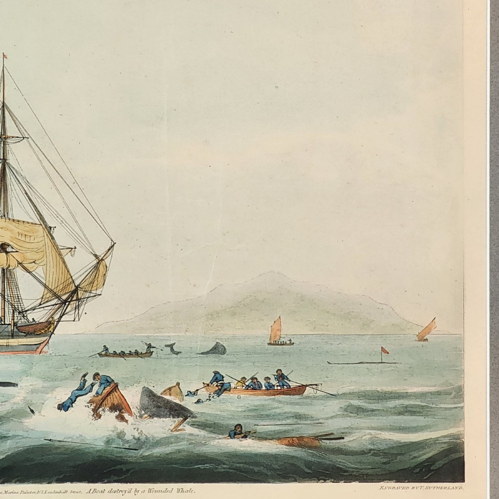 A framed nineteenth-century aquatint print depicting whaling ships and longboats in an oceanic scene, presented within a grey mount and black frame with gilt accents. View VII