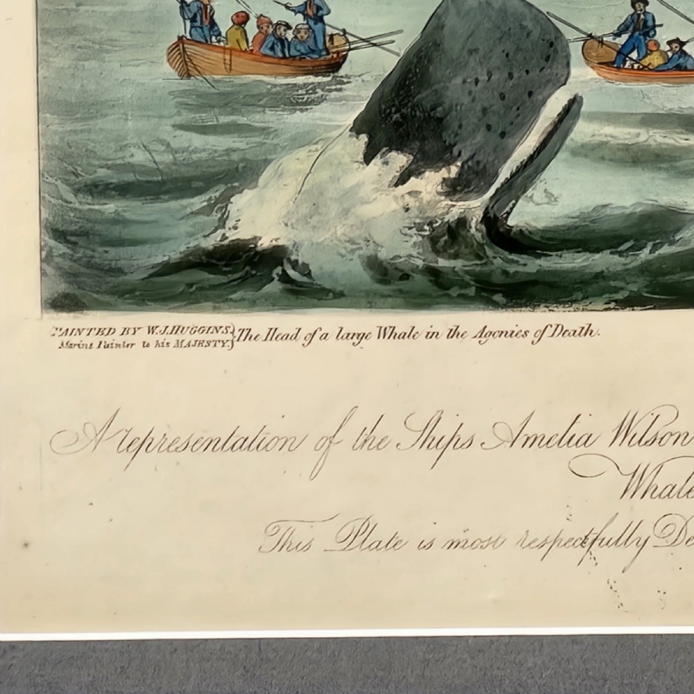 A framed nineteenth-century aquatint print depicting whaling ships and longboats in an oceanic scene, presented within a grey mount and black frame with gilt accents. View VIII