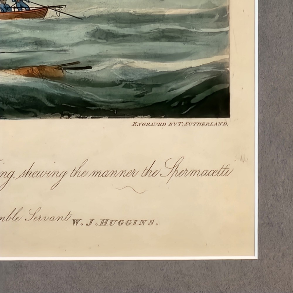 A framed nineteenth-century aquatint print depicting whaling ships and longboats in an oceanic scene, presented within a grey mount and black frame with gilt accents. View IX