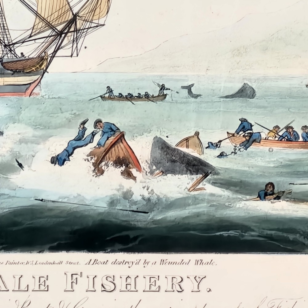 A framed nineteenth-century aquatint print depicting whaling ships and longboats in an oceanic scene, presented within a grey mount and black frame with gilt accents. View X