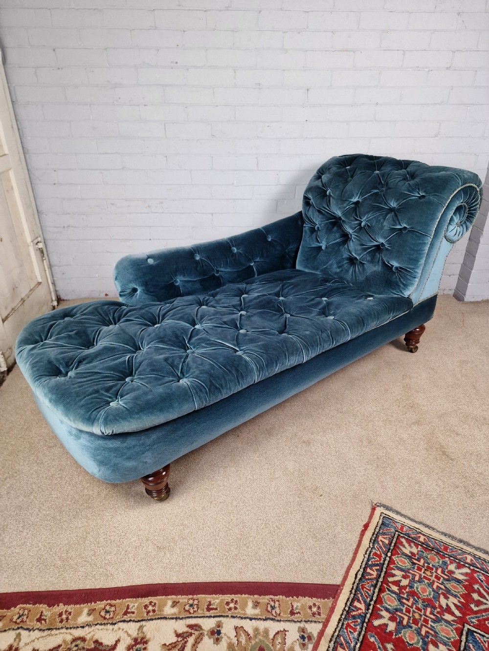 A Victorian Mahogany Gillows Chaise Longue in Turquoise Button Back Fabric View II
