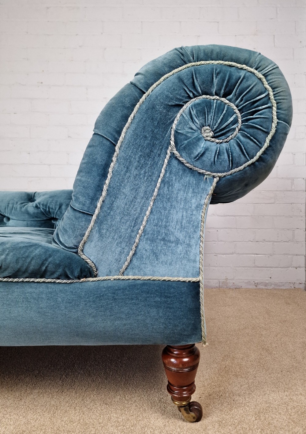 A Victorian Mahogany Gillows Chaise Longue in Turquoise Button Back Fabric View IV