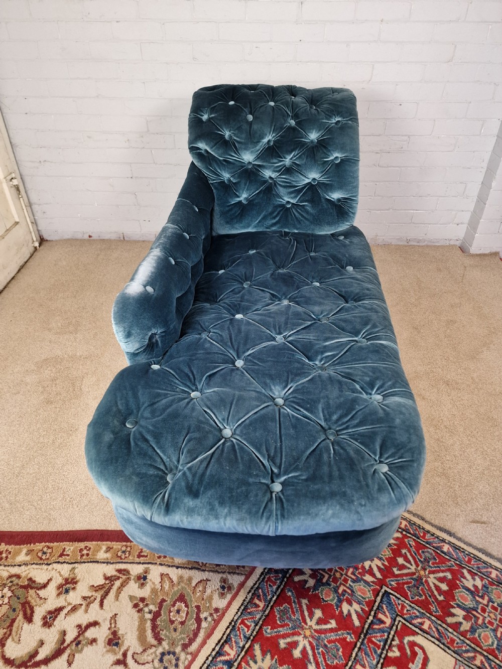 A Victorian Mahogany Gillows Chaise Longue in Turquoise Button Back Fabric View IX
