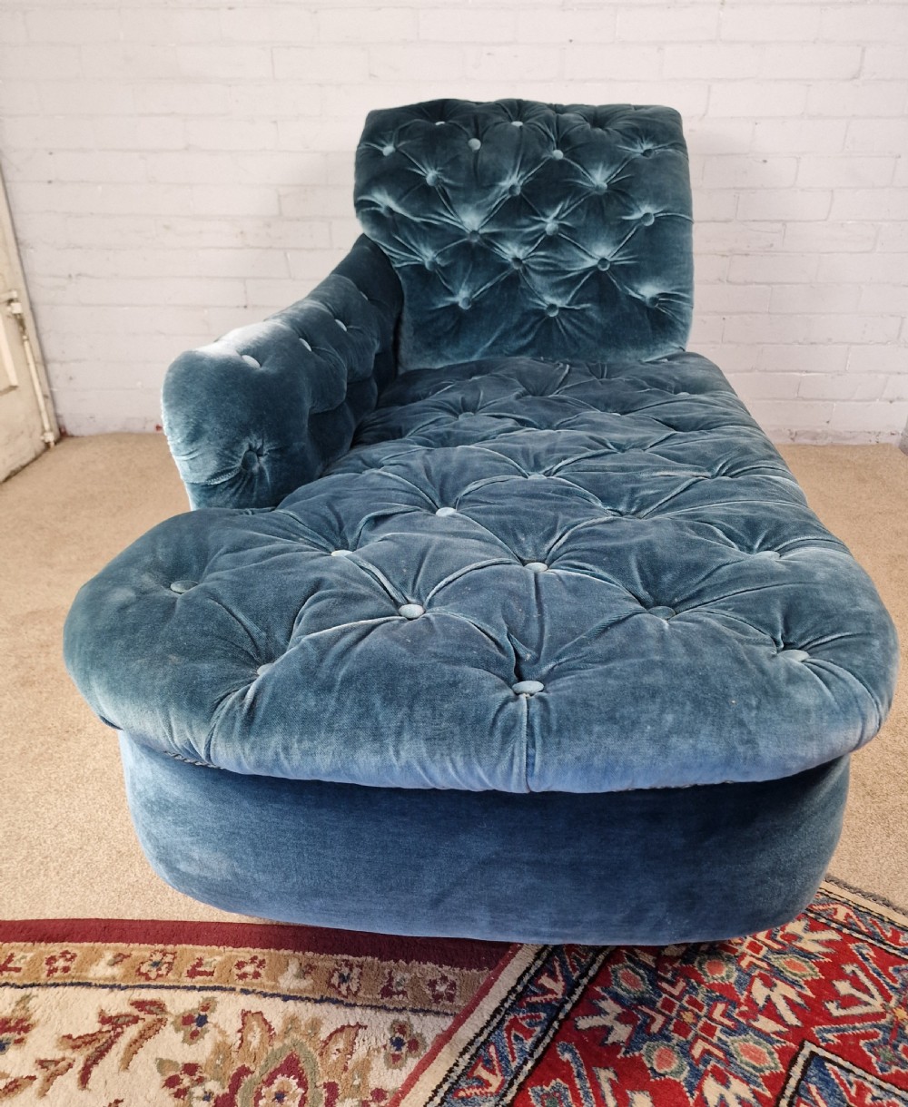 A Victorian Mahogany Gillows Chaise Longue in Turquoise Button Back Fabric View X