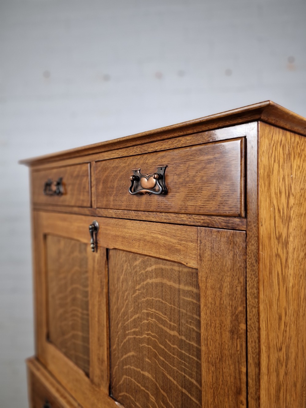 Arts and Crafts Oak Secretaire, with fall front. Early 20th C. View X