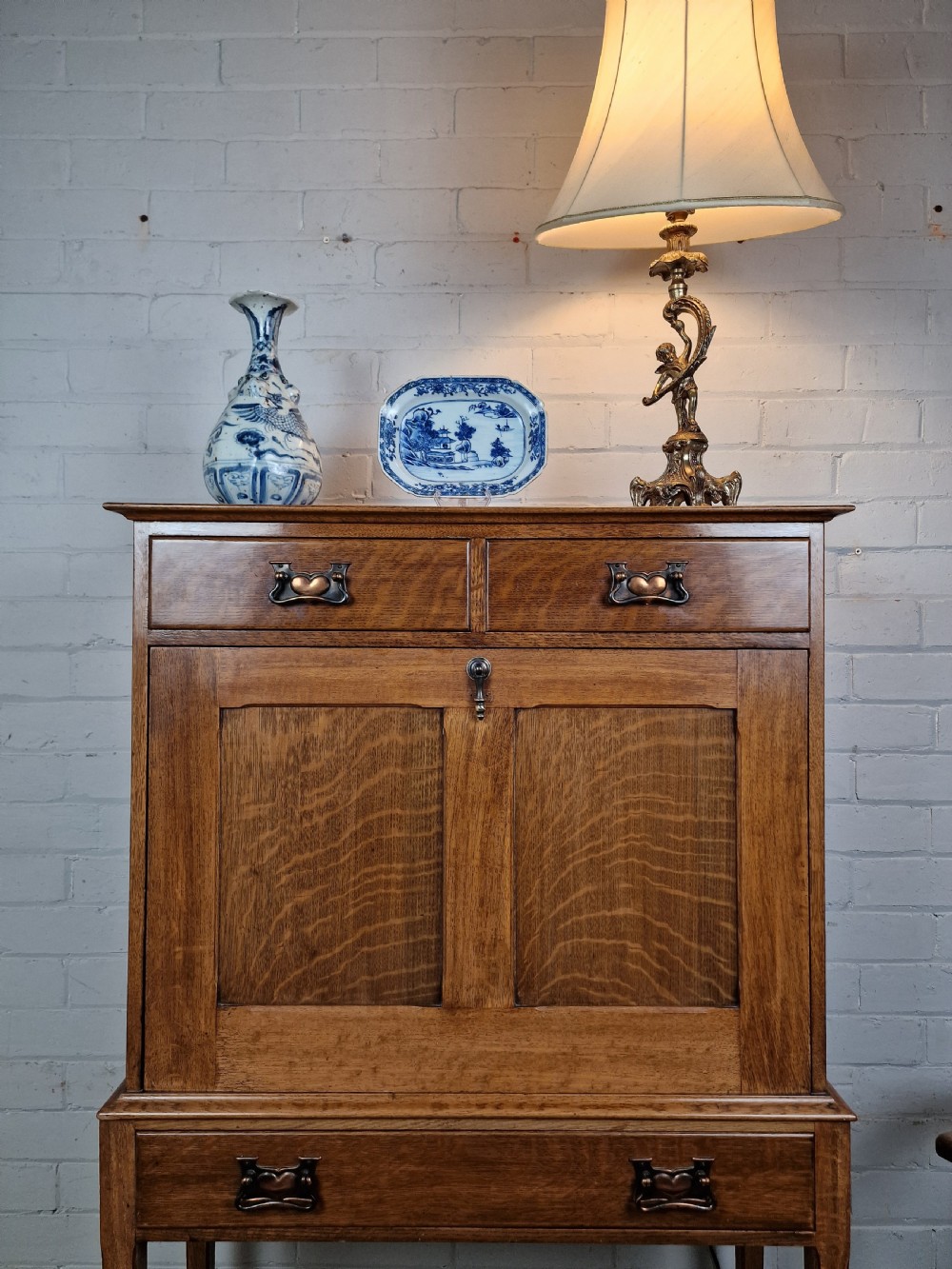 Arts and Crafts Oak Secretaire, with fall front. Early 20th C. View XI