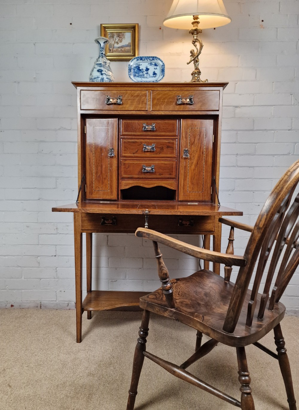 Arts and Crafts Oak Secretaire, with fall front. Early 20th C. View XIII