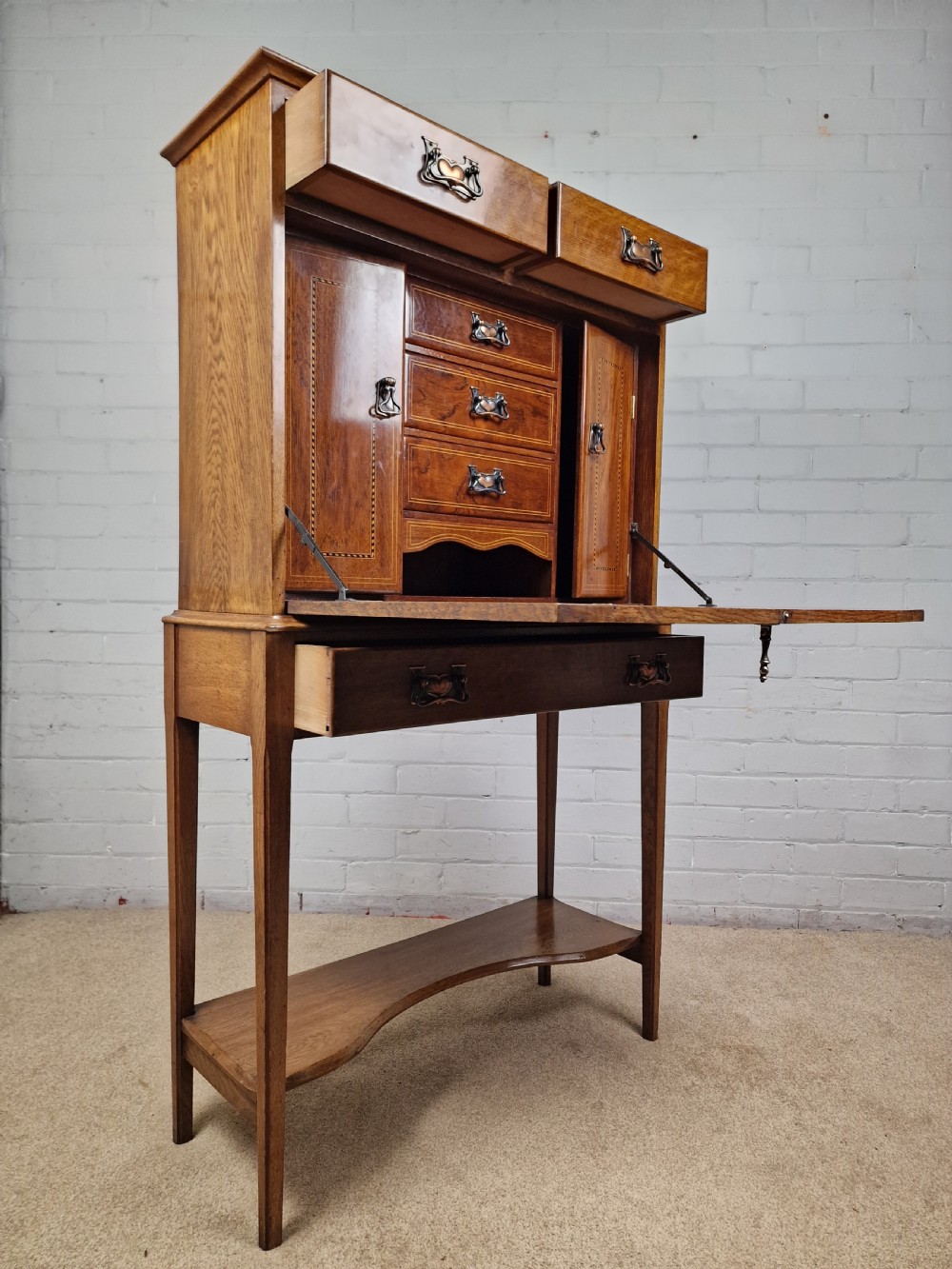 Arts and Crafts Oak Secretaire, with fall front. Early 20th C. View XIV