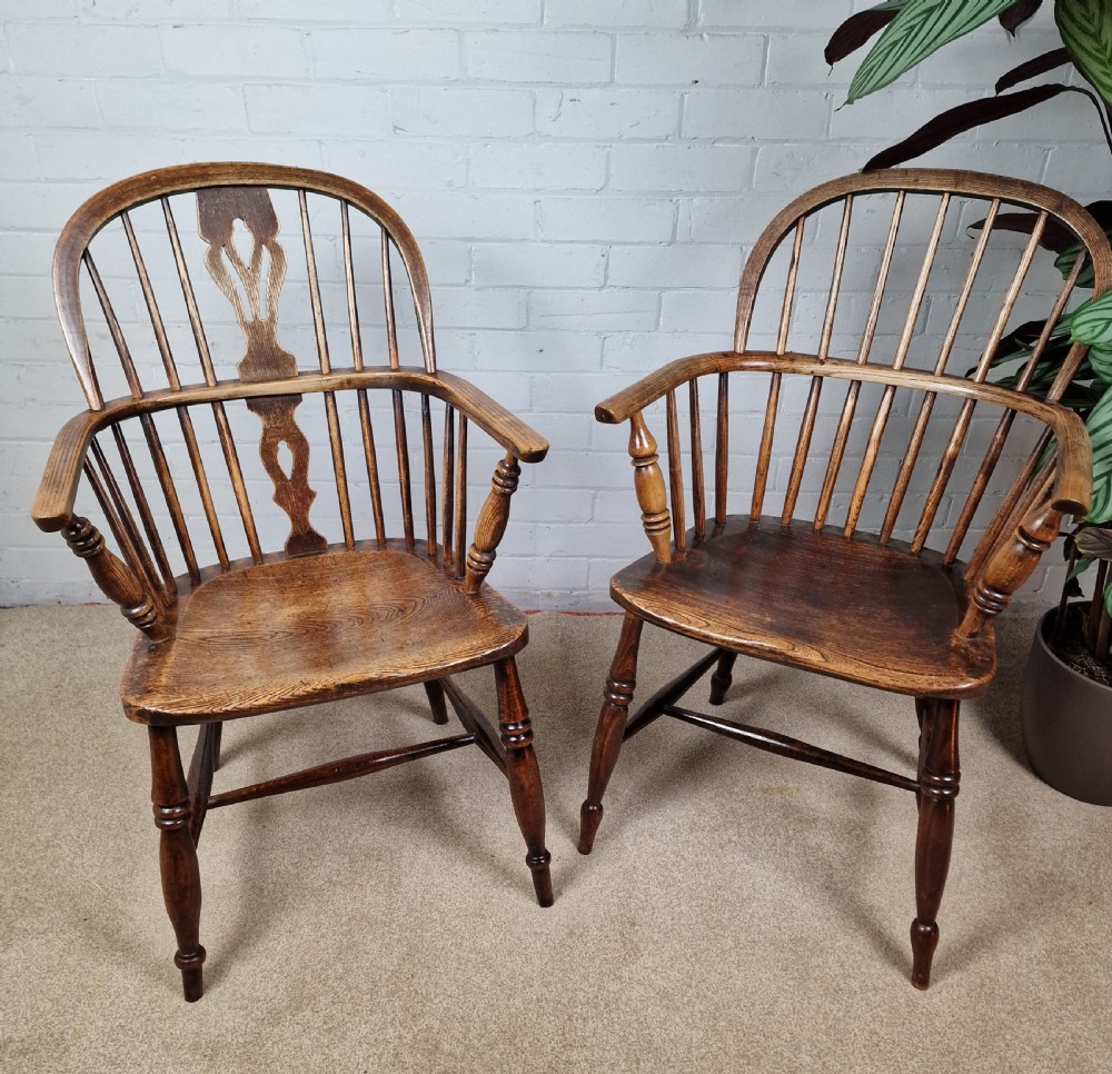 A Harlequin Pair of Low-Back 19th-century Oak and Elm Windsor Chairs