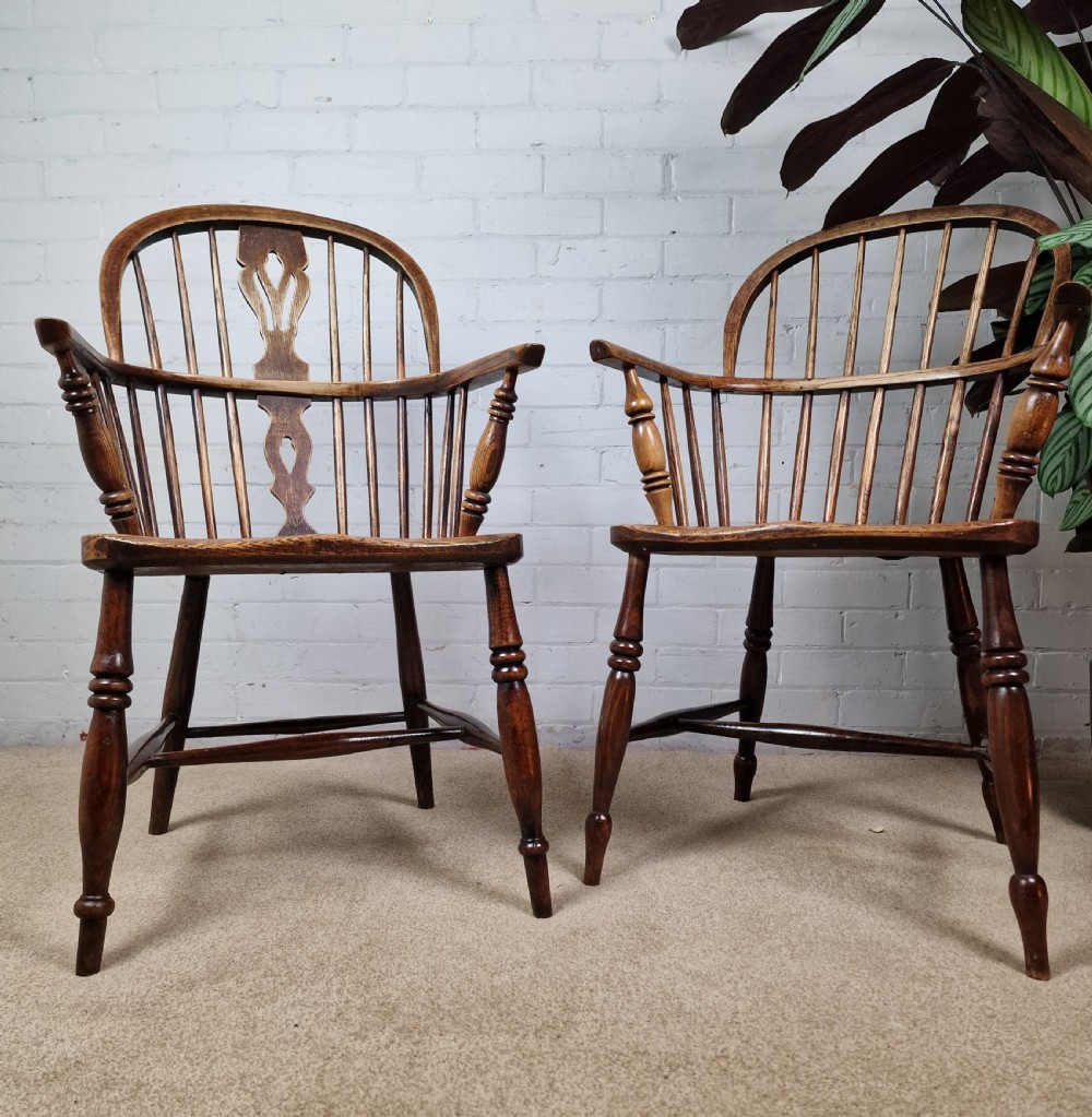 A Harlequin Pair of Low-Back 19th-century Oak and Elm Windsor Chairs View II