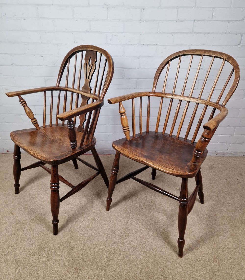 A Harlequin Pair of Low-Back 19th-century Oak and Elm Windsor Chairs View VI