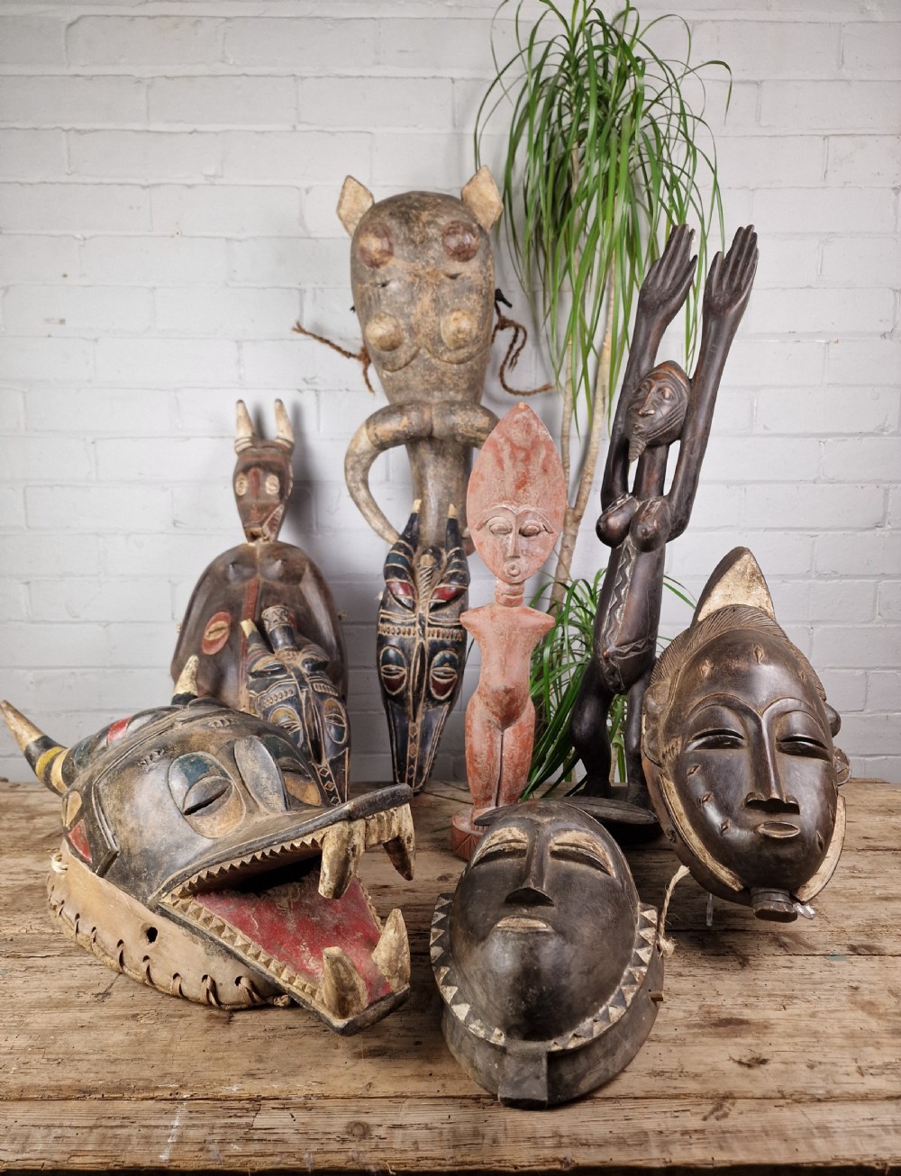 A hand-carved dark wood zoomorphic mask representing a warthog, featuring large curved tusks, rounded eye projections, and attached natural fibre ropes. View VI