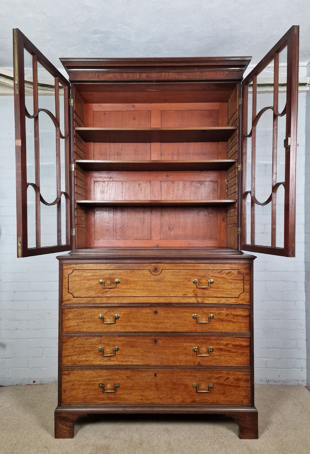 A Late George III Mahogany, Purple Heart and Boxwood-Strung Secretaire Bookcase View II