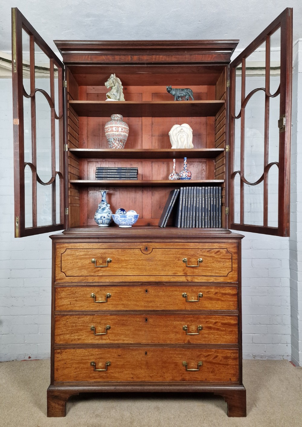 A Late George III Mahogany, Purple Heart and Boxwood-Strung Secretaire Bookcase View VII