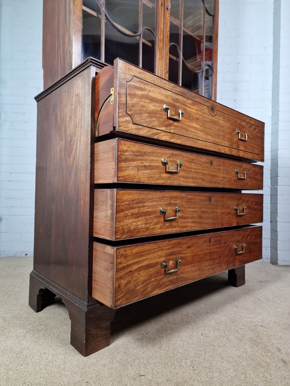 A Late George III Mahogany, Purple Heart and Boxwood-Strung Secretaire Bookcase View X
