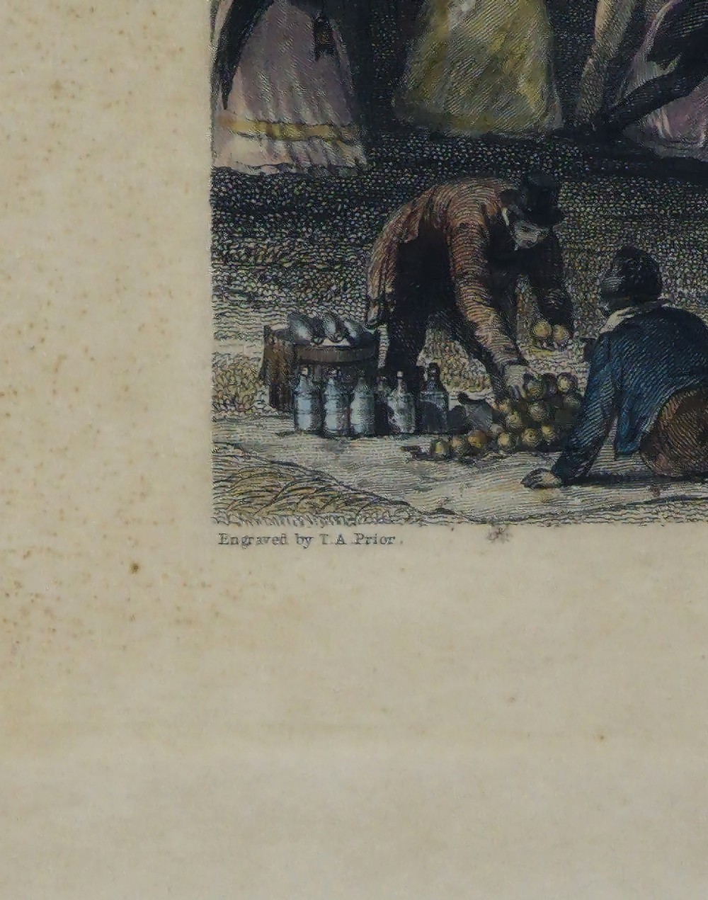 A framed 19th-century hand-coloured etching depicting figures gathered in Greenwich Park looking towards the London skyline. View III