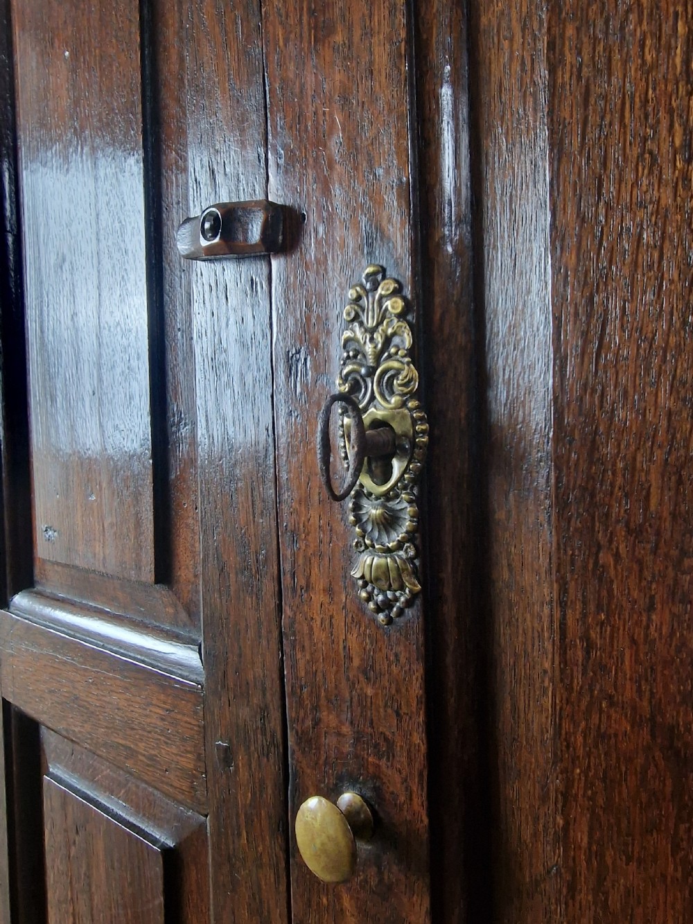 A tall Georgian dark oak livery cupboard featuring arched panel doors, iron hinges, three lower panels, and two drawers at the base. View V