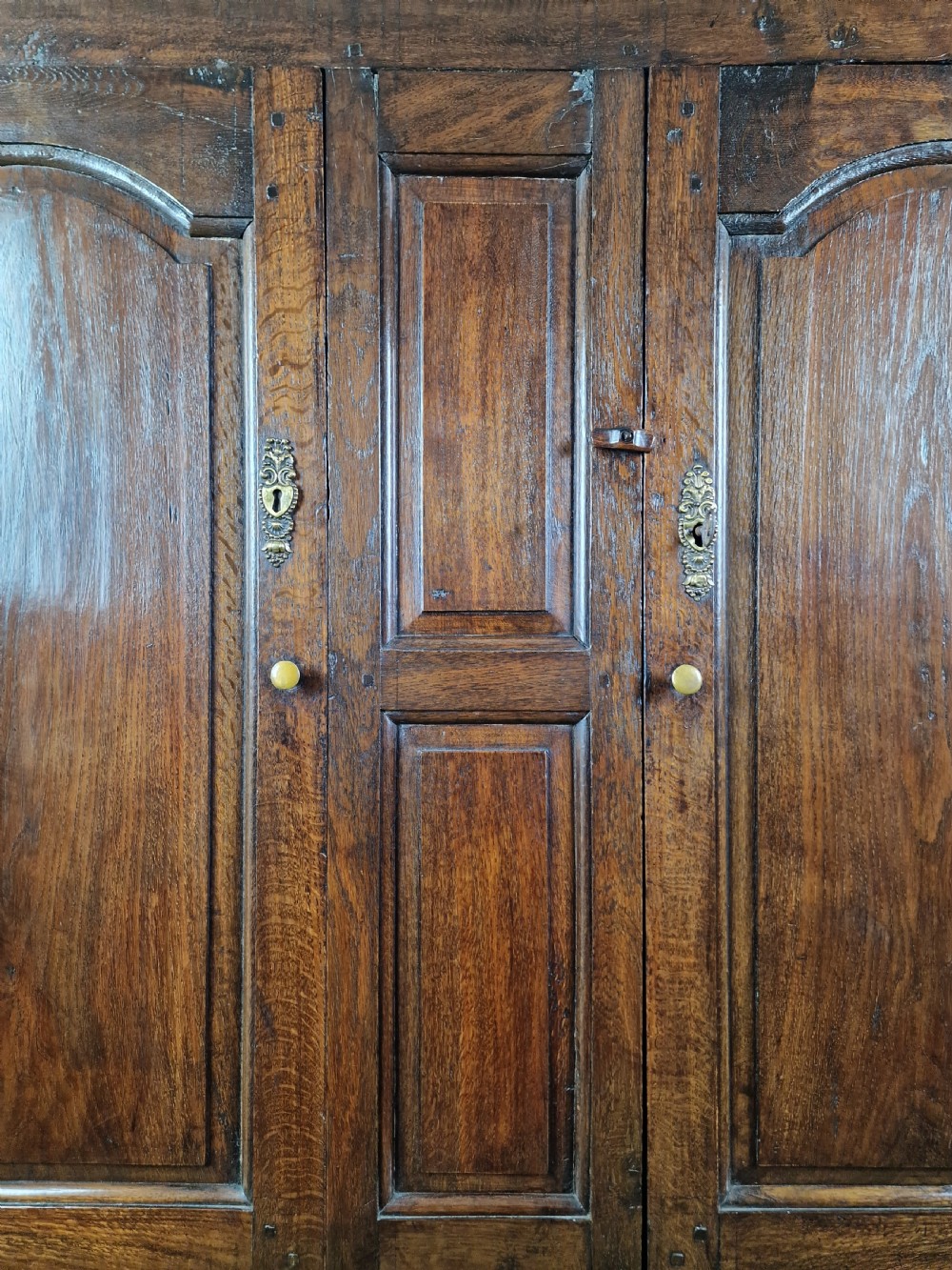 A tall Georgian dark oak livery cupboard featuring arched panel doors, iron hinges, three lower panels, and two drawers at the base. View VI