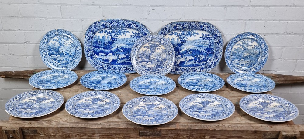 Georgian Blue & White Transferware Dinner Service - Ladies of Llangollen Pattern
