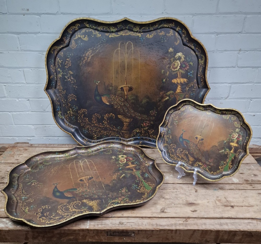 Antique Papier Mache Set of 3 Trays - B Walton & Co. Early 19th Century