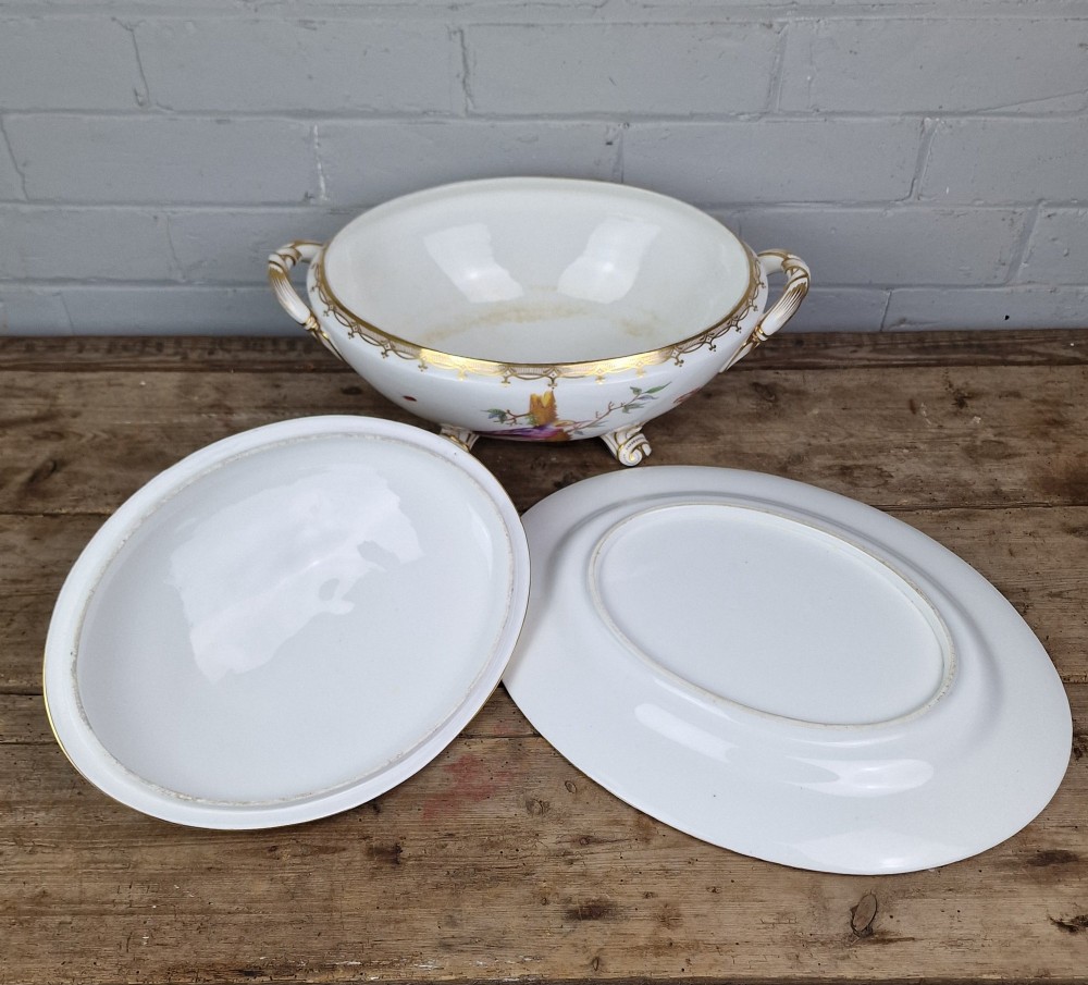 An antique white porcelain soup tureen featuring hand-painted bird motifs, gilded scroll handles, four scroll feet, and a matching underplate. View XIII