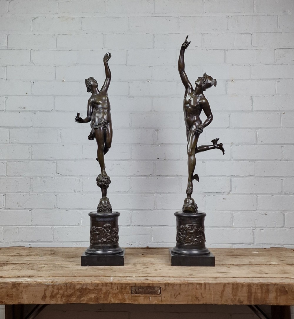 Pair of classical bronze figures, Mercury & Fortuna (after Giambologna).  Late 19th Century.