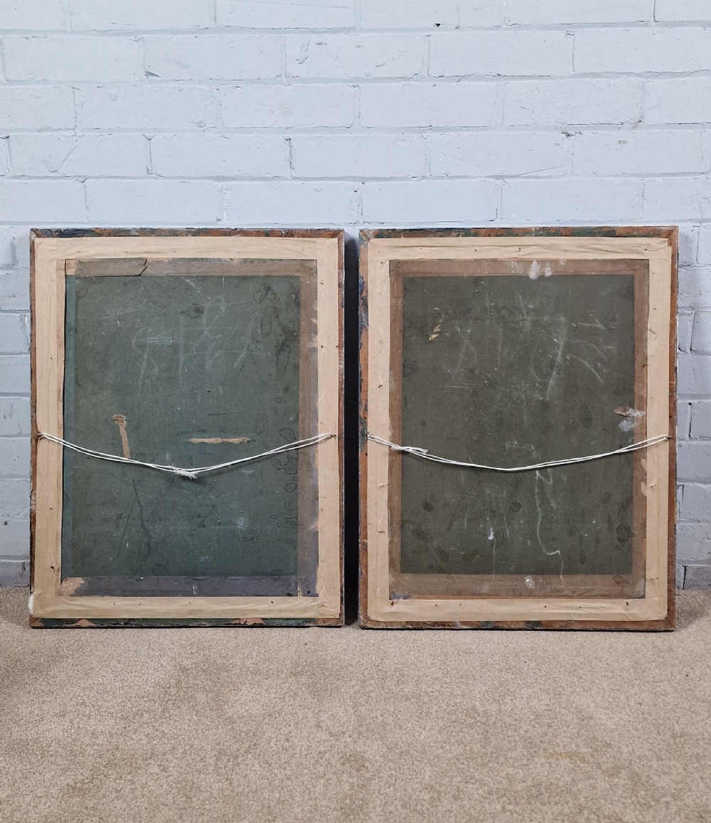 A pair of framed 18th-century French portrait engravings featuring seated female figures, presented in distressed wooden frames with green and cream double mounts. View VI
