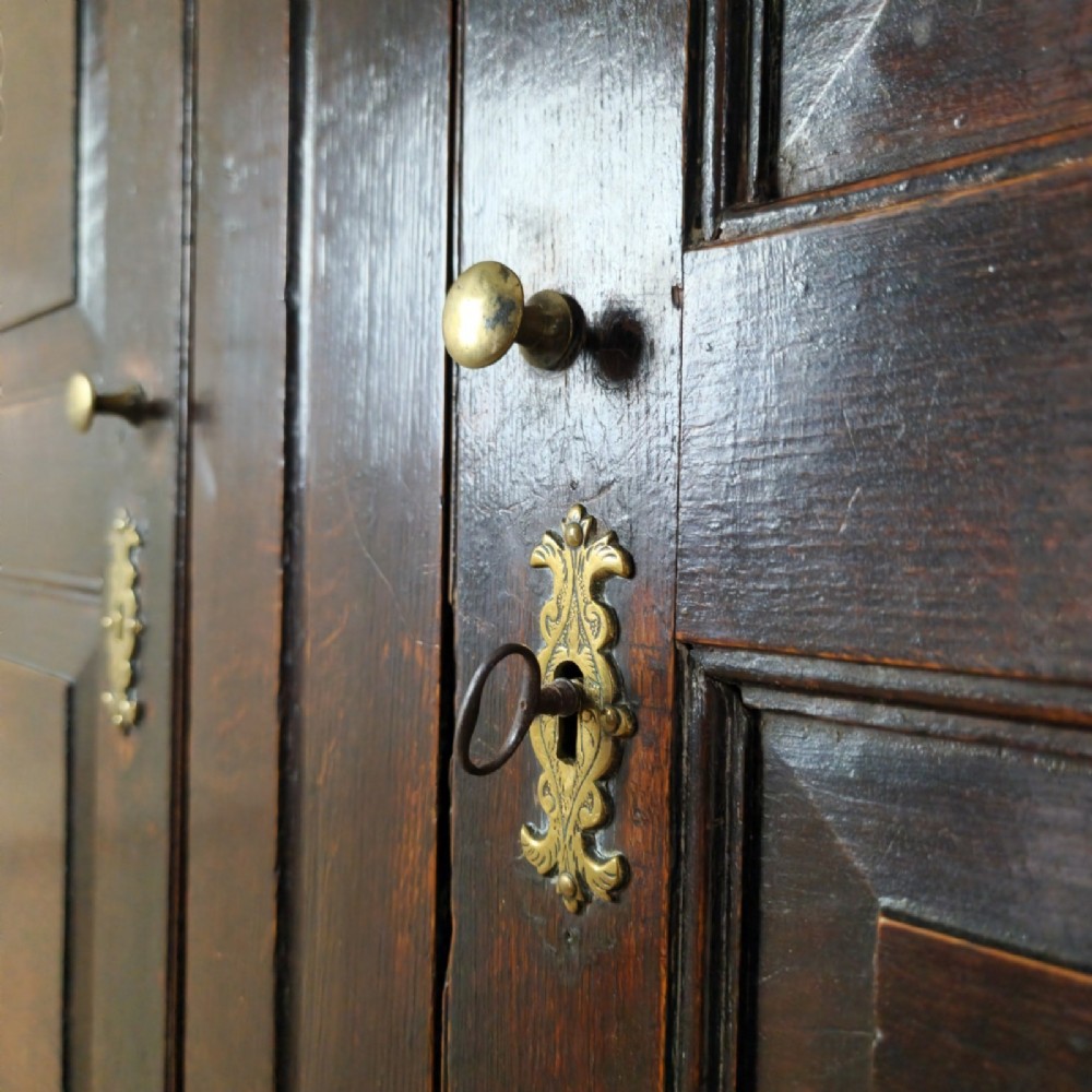 A mid-18th-century dark oak Georgian livery cupboard featuring raised panel doors, brass fittings, and lower drawers. View II