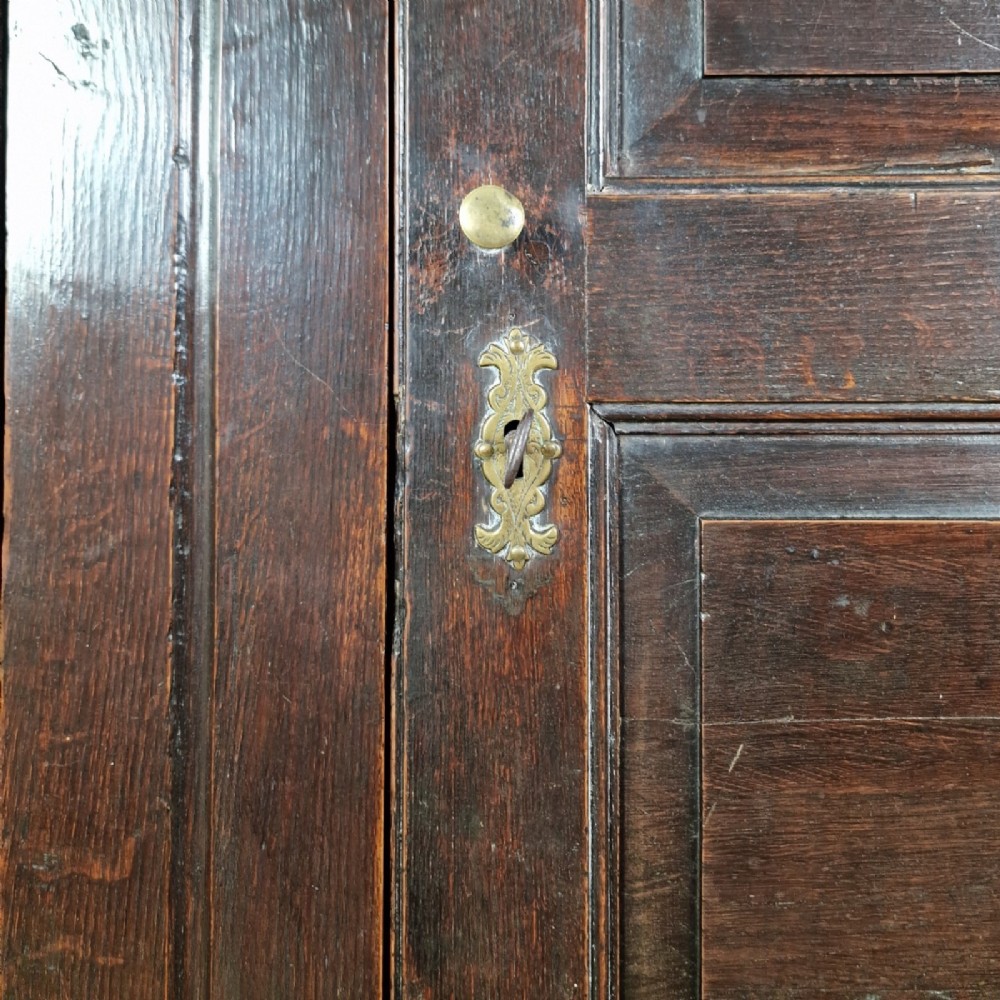 A mid-18th-century dark oak Georgian livery cupboard featuring raised panel doors, brass fittings, and lower drawers. View XI