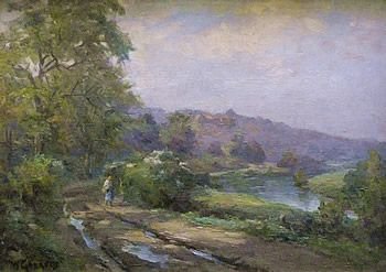 William Greaves "The Road and the River, Newley Near Leeds" Oil on Canvas