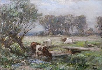 Owen Bowen "Wharfedale, Cattle Watering" Oil on Panel
