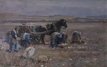 James W. Booth "Gathering Potatoes" Oil on Canvas